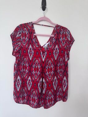 DR2 Red Printed V-Neck Blouse with Back Strap Detail